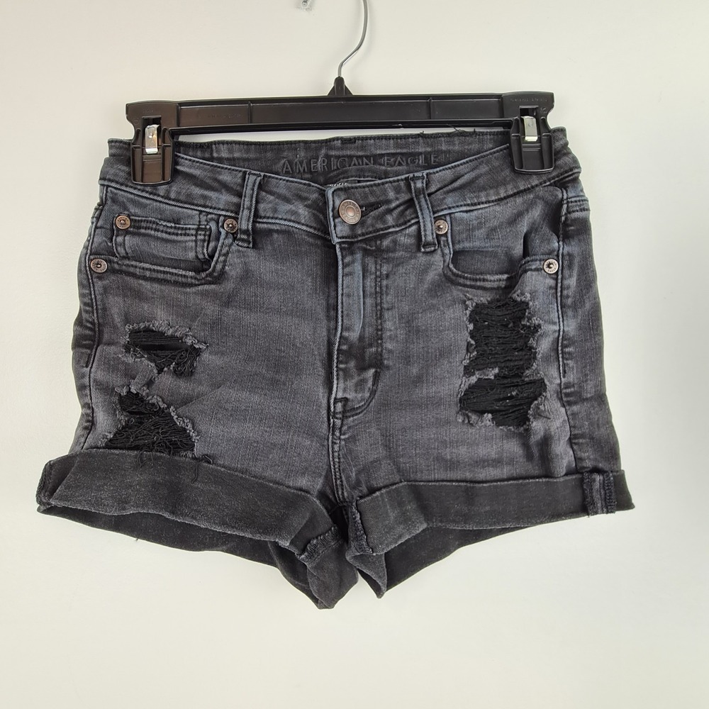 American Eagle Super‎ Hi-Rise Shortie Black Denim Jean Shorts Size 2 Distressed